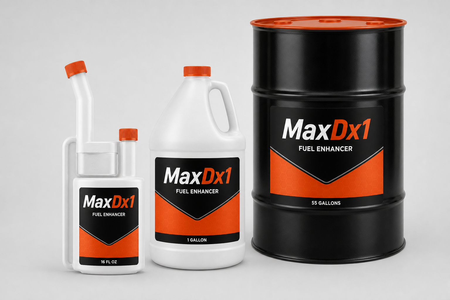 MaxDx1 16 ounce bottle, one gallon container, and commercial drum